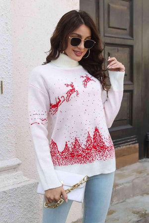 Reindeer & Snow Turtleneck Christmas Sweater - MXSTUDIO.COM