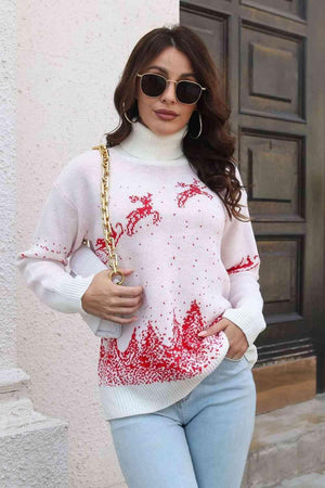Reindeer & Snow Turtleneck Christmas Sweater - MXSTUDIO.COM