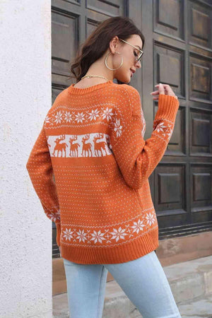 Reindeer & Snowflake Orange Christmas Sweater - MXSTUDIO.COM