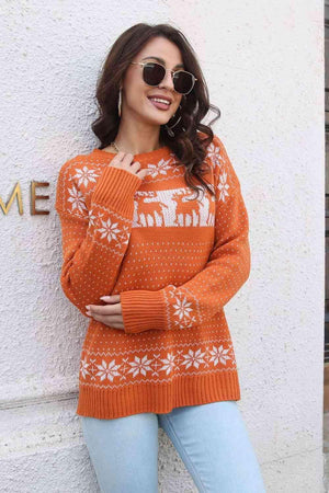 Reindeer & Snowflake Orange Christmas Sweater - MXSTUDIO.COM
