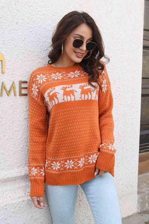 Reindeer & Snowflake Orange Christmas Sweater - MXSTUDIO.COM