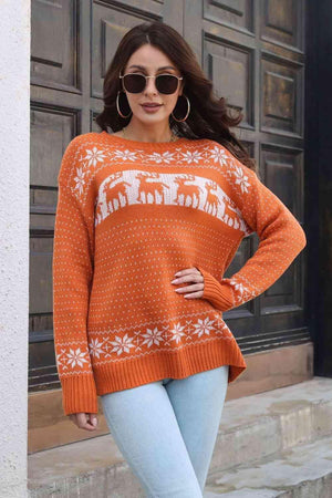 Reindeer & Snowflake Orange Christmas Sweater - MXSTUDIO.COM