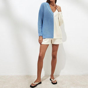 Relaxed And Comfy V-Neck Color Block Knit Sweater-MXSTUDIO.COM
