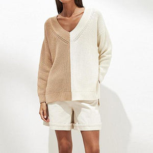 Relaxed And Comfy V-Neck Color Block Knit Sweater-MXSTUDIO.COM
