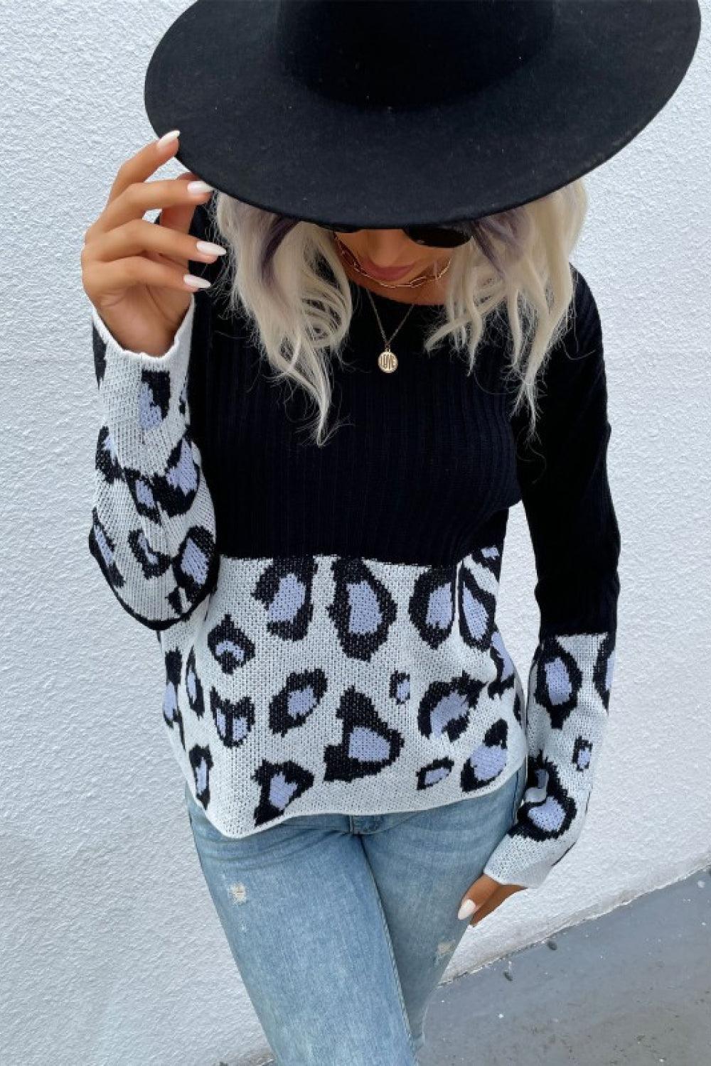 Relaxed Fit Crewneck Knit Leopard Sweater - MXSTUDIO.COM