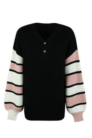 Relaxed V-Neck Striped Sleeve Sweater-MXSTUDIO.COM