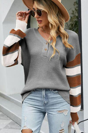 Relaxed V-Neck Striped Sleeve Sweater-MXSTUDIO.COM