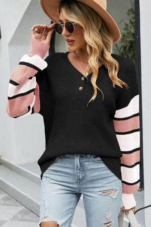 Relaxed V-Neck Striped Sleeve Sweater-MXSTUDIO.COM