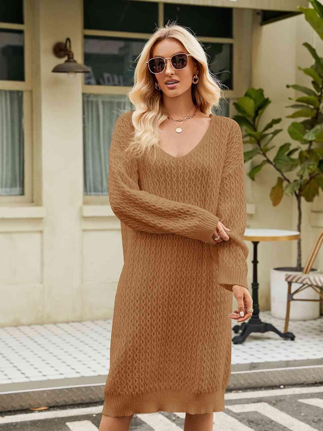 Relaxing Autumn V-Neck Long Sleeve Knit Sweater Dress - MXSTUDIO.COM