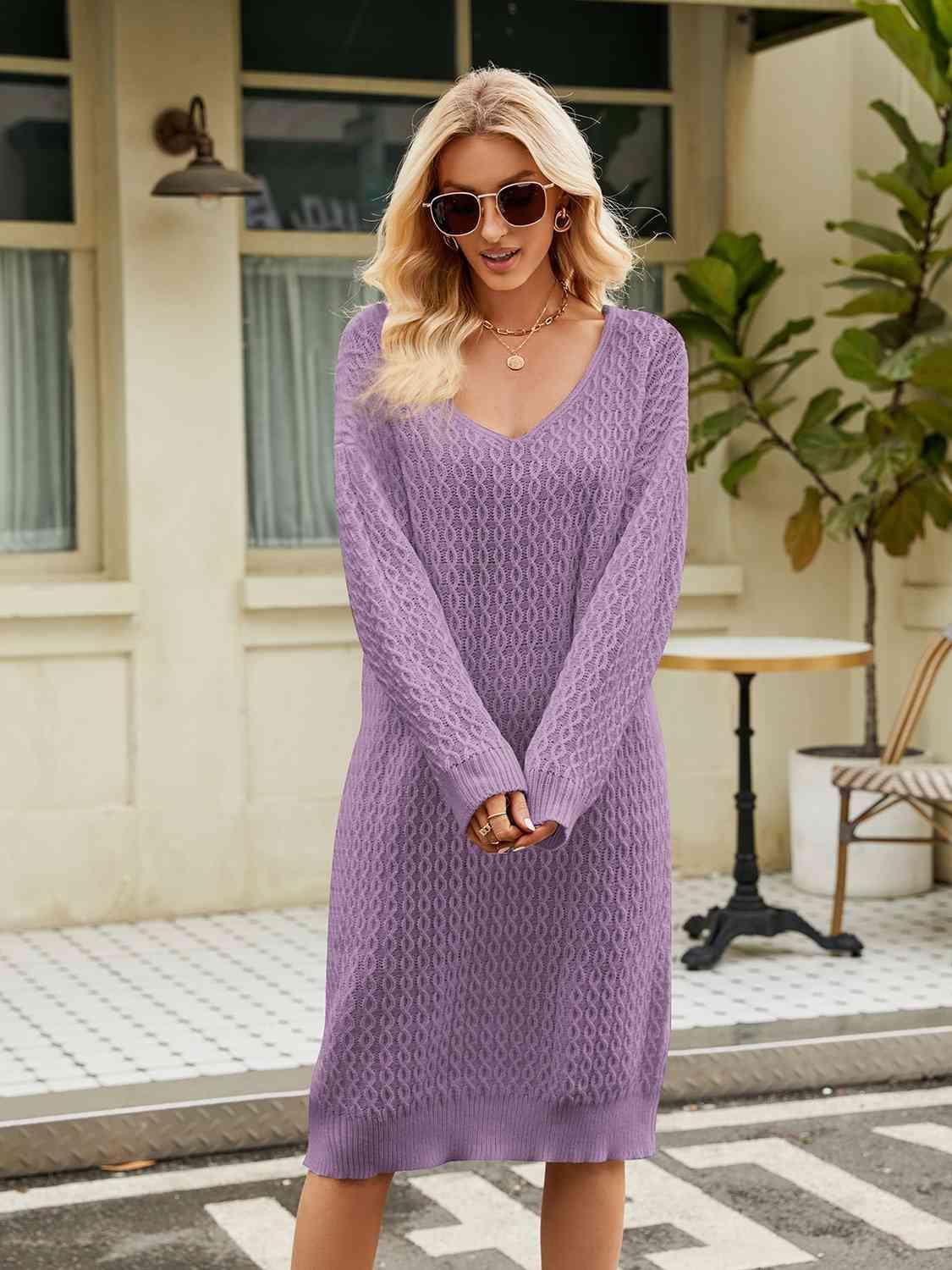 Relaxing Autumn V-Neck Long Sleeve Knit Sweater Dress - MXSTUDIO.COM
