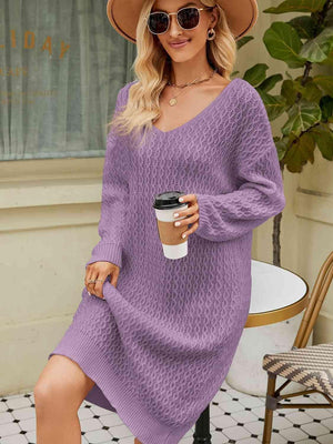 Relaxing Autumn V-Neck Long Sleeve Knit Sweater Dress - MXSTUDIO.COM
