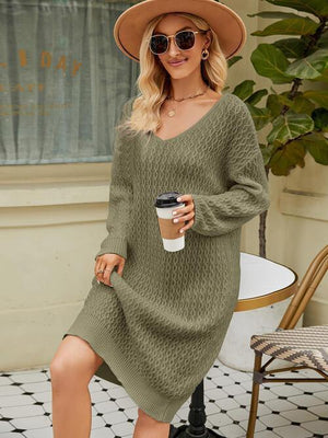 Relaxing Autumn V-Neck Long Sleeve Knit Sweater Dress - MXSTUDIO.COM