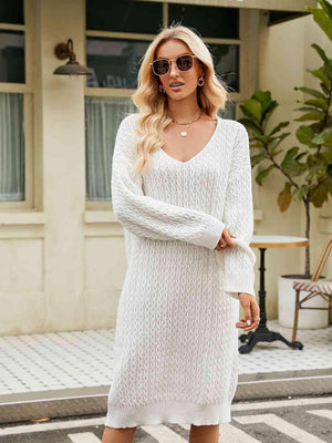 Relaxing Autumn V-Neck Long Sleeve Knit Sweater Dress - MXSTUDIO.COM