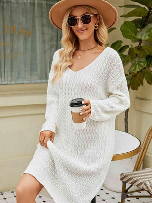Relaxing Autumn V-Neck Long Sleeve Knit Sweater Dress - MXSTUDIO.COM