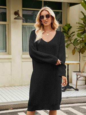 Relaxing Autumn V-Neck Long Sleeve Knit Sweater Dress - MXSTUDIO.COM