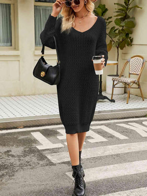 Relaxing Autumn V-Neck Long Sleeve Knit Sweater Dress - MXSTUDIO.COM