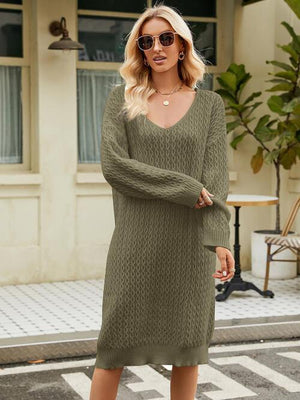 Relaxing Autumn V-Neck Long Sleeve Knit Sweater Dress - MXSTUDIO.COM