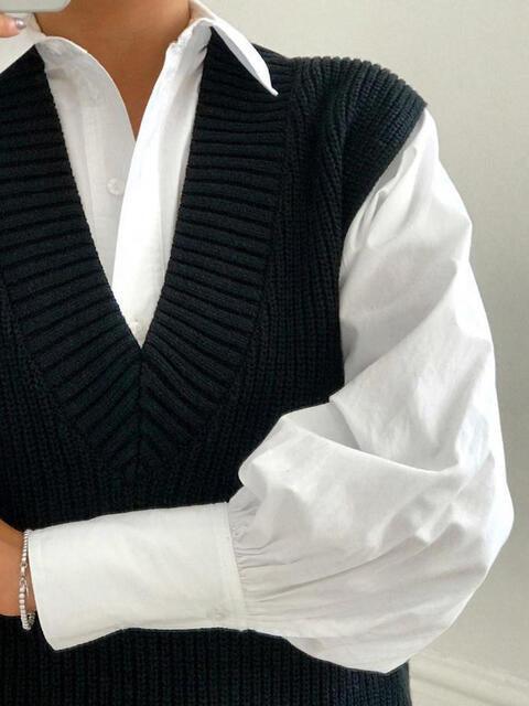 Reliable Warmth V-Neck Black knit Sweater Vest-MXSTUDIO.COM