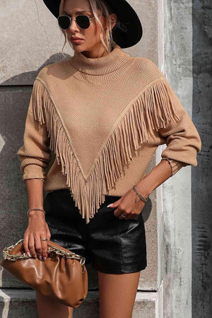 Remarkable Warmth Mock Neck Fringe Sweater - MXSTUDIO.COM