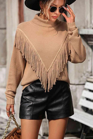Remarkable Warmth Mock Neck Fringe Sweater - MXSTUDIO.COM