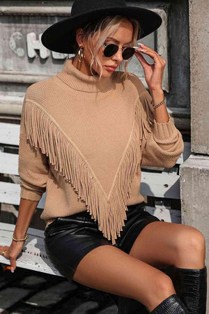 Remarkable Warmth Mock Neck Fringe Sweater - MXSTUDIO.COM