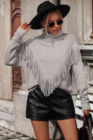Remarkable Warmth Mock Neck Fringe Sweater - MXSTUDIO.COM