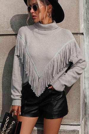 Remarkable Warmth Mock Neck Fringe Sweater - MXSTUDIO.COM