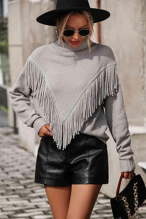 Remarkable Warmth Mock Neck Fringe Sweater - MXSTUDIO.COM