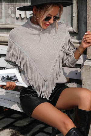 Remarkable Warmth Mock Neck Fringe Sweater - MXSTUDIO.COM