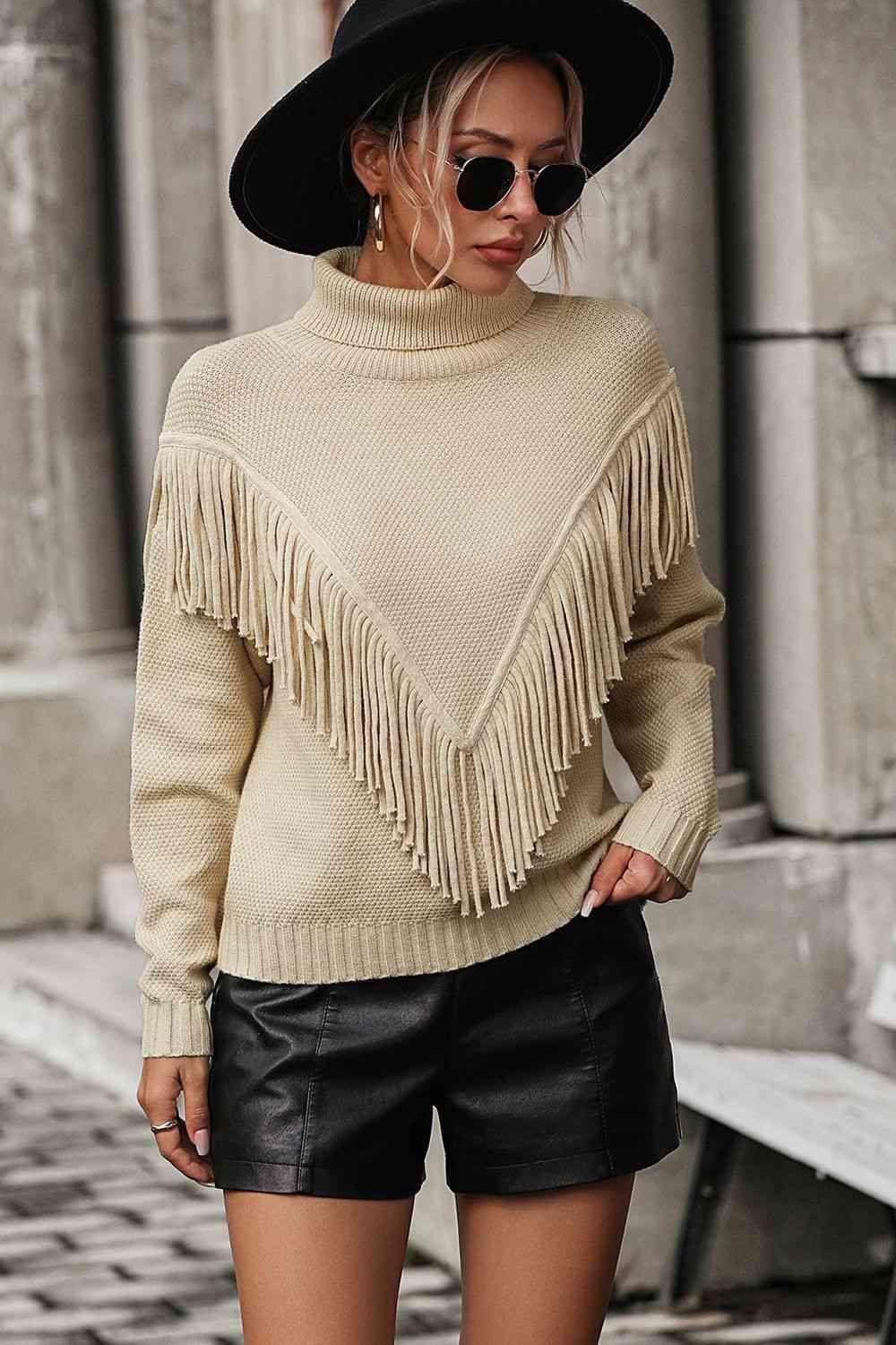 Remarkable Warmth Mock Neck Fringe Sweater - MXSTUDIO.COM