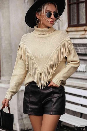 Remarkable Warmth Mock Neck Fringe Sweater - MXSTUDIO.COM