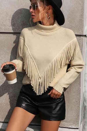 Remarkable Warmth Mock Neck Fringe Sweater - MXSTUDIO.COM