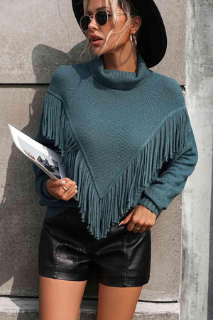 Remarkable Warmth Mock Neck Fringe Sweater - MXSTUDIO.COM