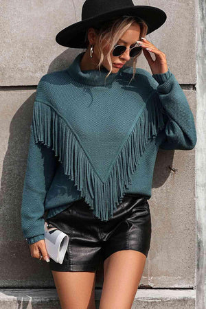 Remarkable Warmth Mock Neck Fringe Sweater - MXSTUDIO.COM