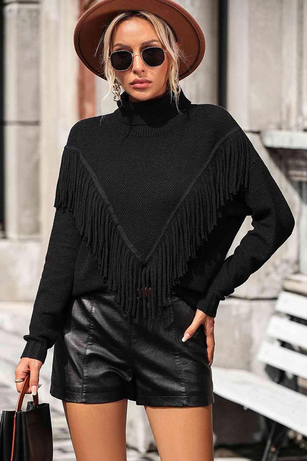 Remarkable Warmth Mock Neck Fringe Sweater - MXSTUDIO.COM