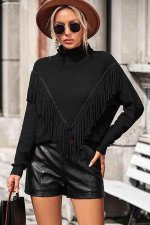Remarkable Warmth Mock Neck Fringe Sweater - MXSTUDIO.COM