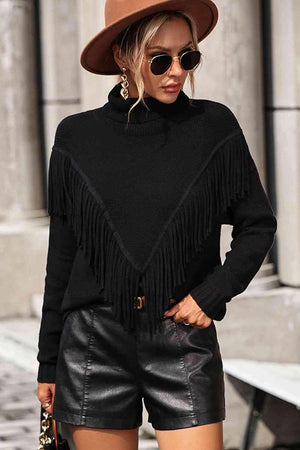Remarkable Warmth Mock Neck Fringe Sweater - MXSTUDIO.COM