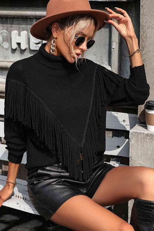 Remarkable Warmth Mock Neck Fringe Sweater - MXSTUDIO.COM