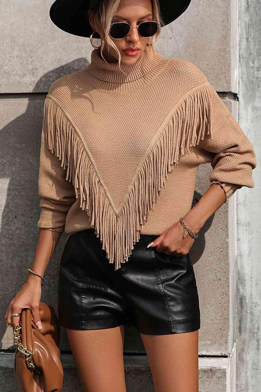 Remarkable Warmth Mock Neck Fringe Sweater - MXSTUDIO.COM