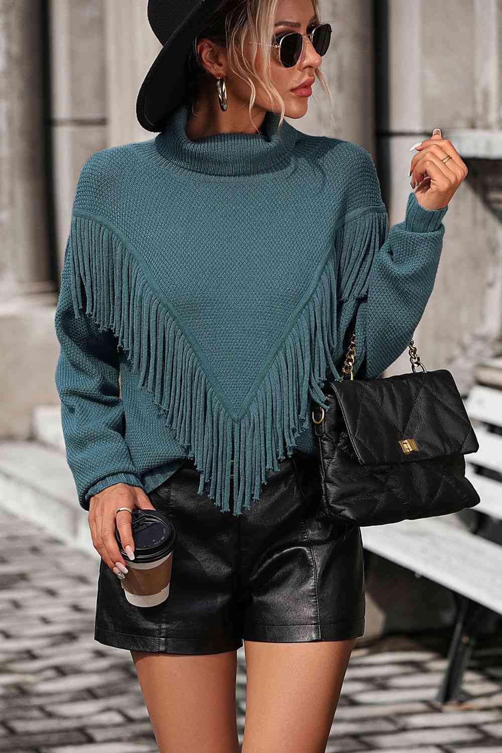Remarkable Warmth Mock Neck Fringe Sweater - MXSTUDIO.COM
