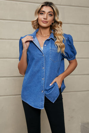 Retro Chill Puff Short Sleeve Denim Shirt - MXSTUDIO.COM