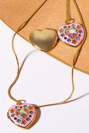 Rhinestone Decor Heart Box Pendant Gold Plated Necklace - MXSTUDIO.COM