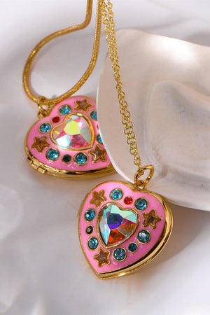 Rhinestone Decor Heart Box Pendant Gold Plated Necklace - MXSTUDIO.COM