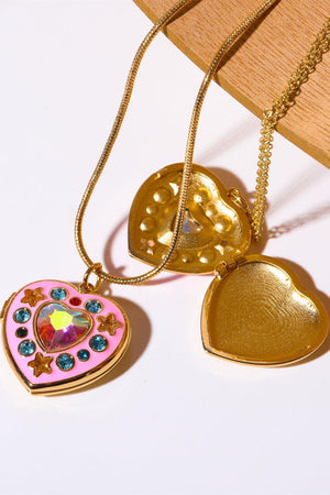 Rhinestone Decor Heart Box Pendant Gold Plated Necklace - MXSTUDIO.COM