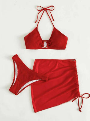 a red bikini top and bottom with a tie