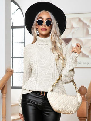Ritzy Cable-Knit Turtleneck Pullover Sweater - MXSTUDIO.COM