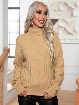 Ritzy Cable-Knit Turtleneck Pullover Sweater - MXSTUDIO.COM