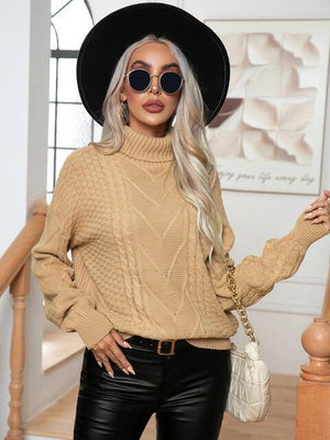 Ritzy Cable-Knit Turtleneck Pullover Sweater - MXSTUDIO.COM