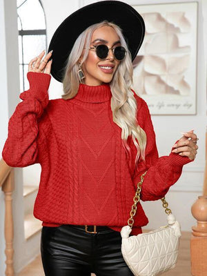Ritzy Cable-Knit Turtleneck Pullover Sweater - MXSTUDIO.COM