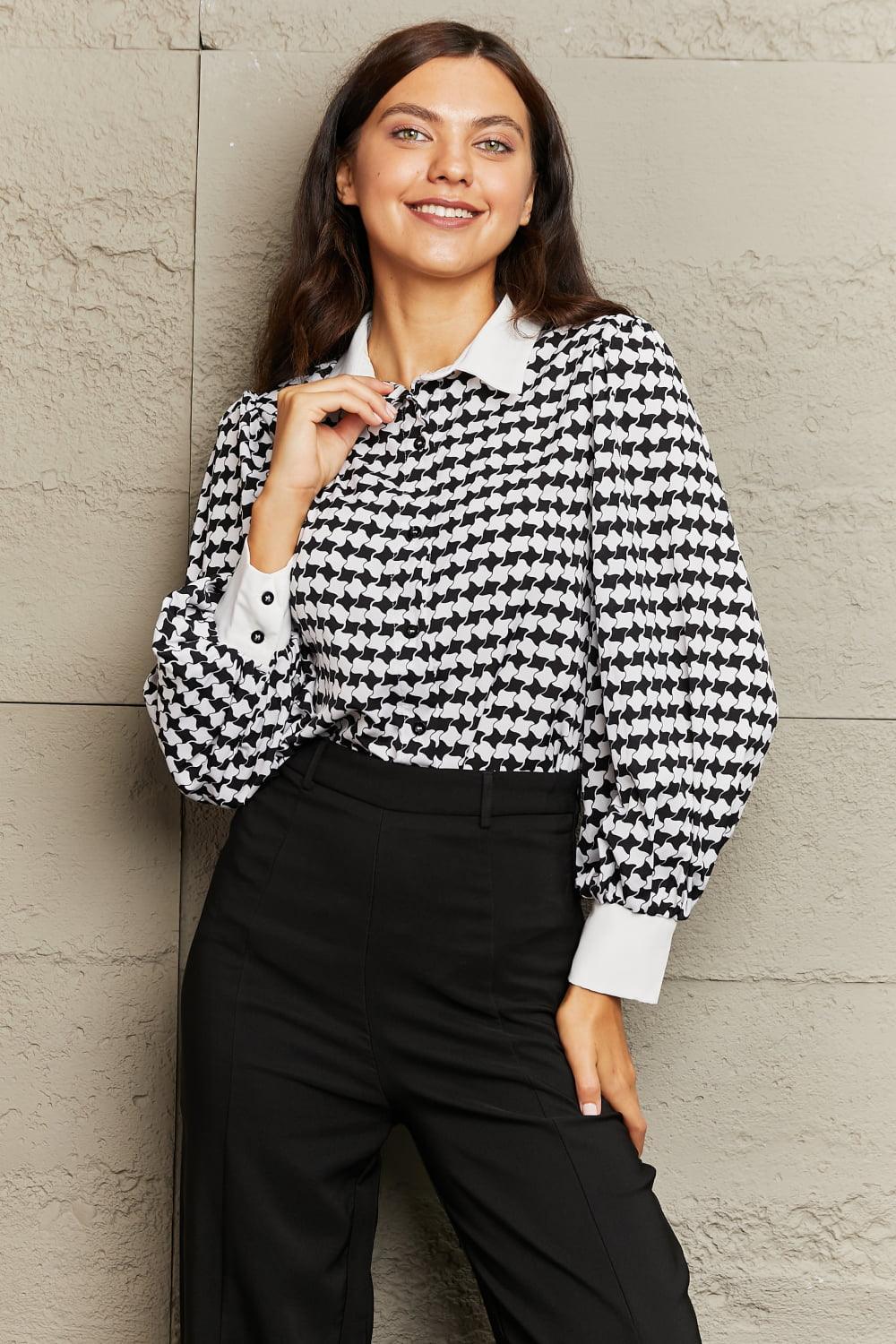Ritzy Feel Printed Collared Neck Lantern Sleeve Shirt - MXSTUDIO.COM